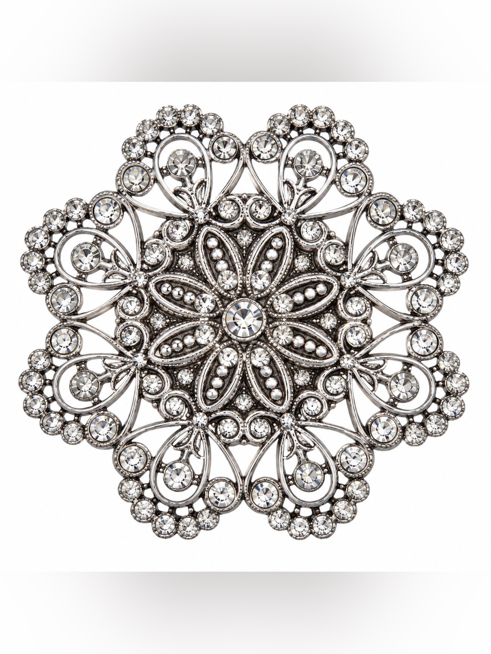 Vintage-Inspired Silver Crystal Filigree Mandela Brooch